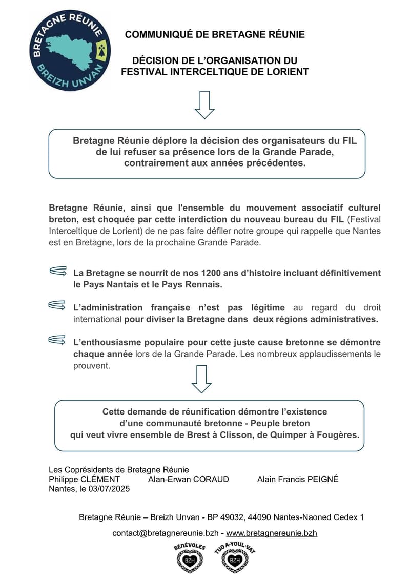 Communiqué Bretagne Réunie annulation parade au Festival Interceltique de Lorient 2025 Communiqué Bretagne Réunie annulation parade au Festival Interceltique de Lorient 2025